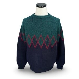 Vintage Gap Wool Sweater Mens Medium Argyle Colorblock Crew Neck Teal Navy 90s